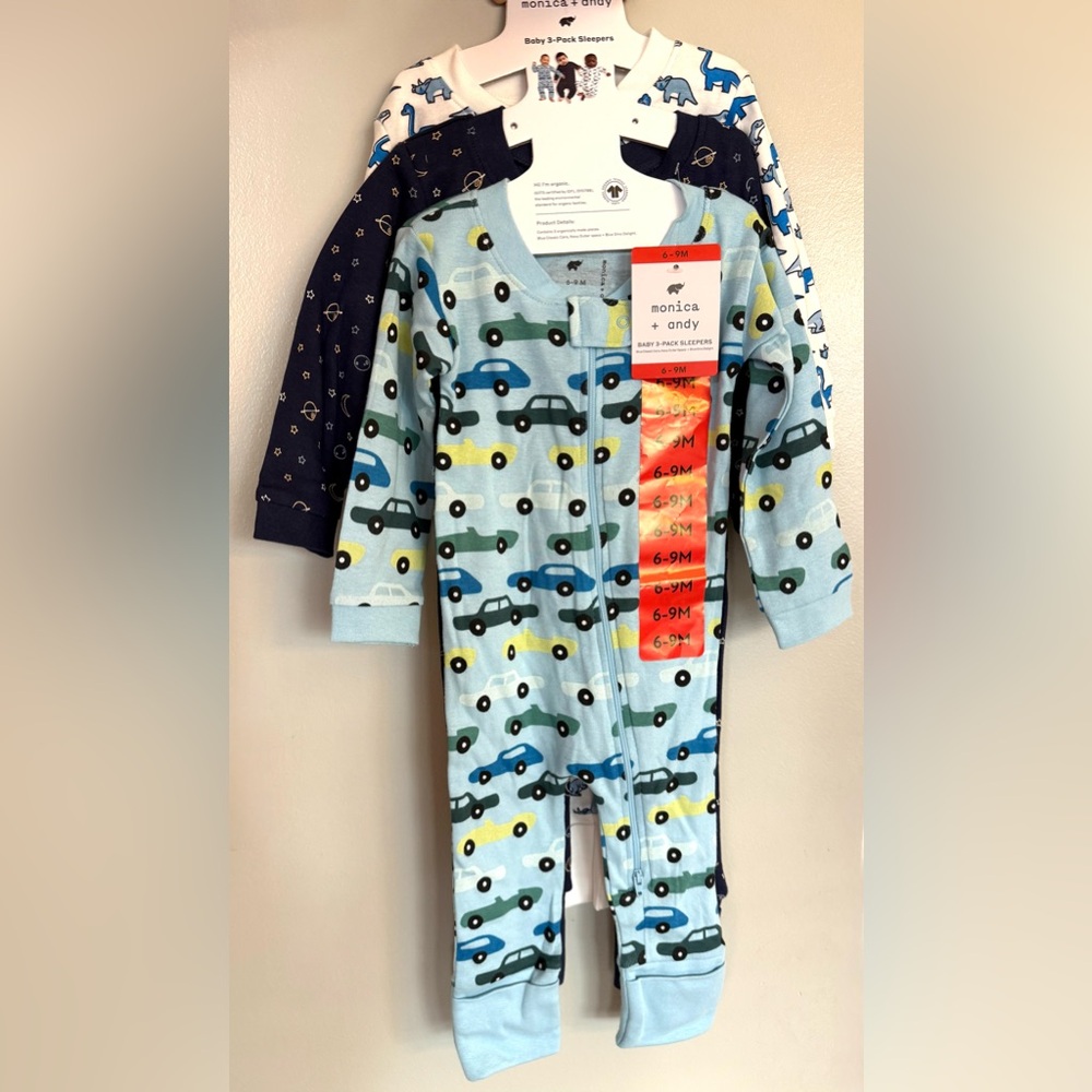 monica + andy Baby Boys 6-9 M Sleepers 3-piece Organic PJ’s Set Shower Gift NEW